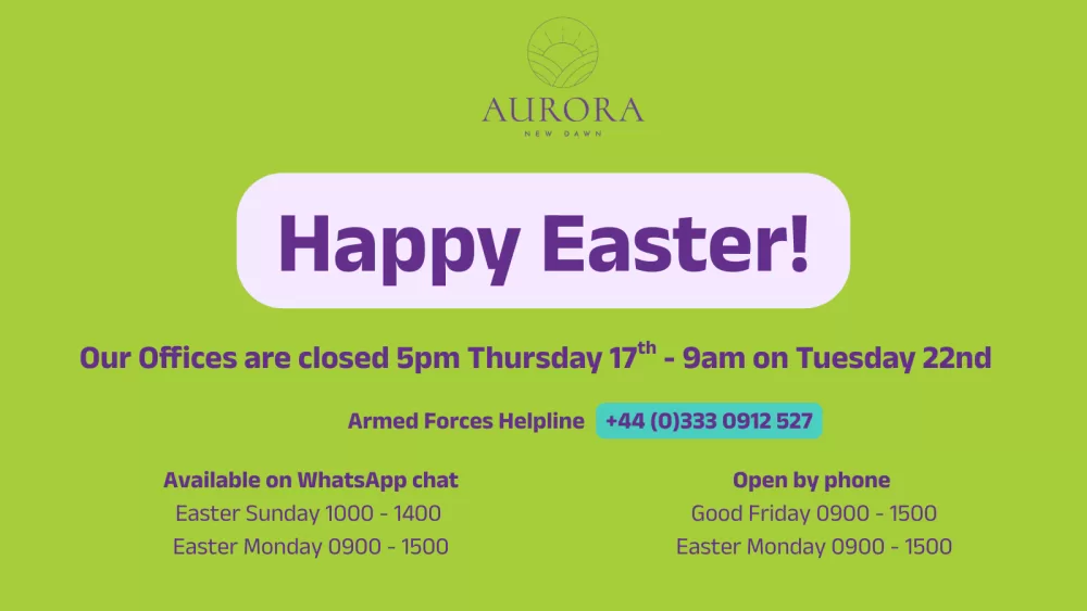 A green text based image. Sent it at the top is the purple or or renew door logo. Sent it underneath it is a greeting in purple saying happy Easter! Underneath this a line of text says our offices are closed for 5 pm Thursday 17th to 9 am Tuesday 22nd. Under that text gives the armed forces helpline contact number +44 (0)333 0912 527 and opening hours. Available on WhatsApp chat Easter Sunday 1000 - 1400 Easter Monday 0900 - 1500. Open by phone Good Friday 0900 - 1500 Easter Monday 0900 - 1500.